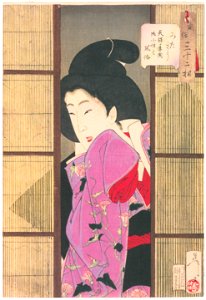 Tsukioka Yoshitoshi – Looks Curious’, Mannerisms of a Senior Maid from the Tenpo Period [from Thirty-two Aspects of Women]. Free illustration for personal and commercial use.