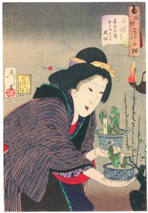 Tsukioka Yoshitoshi – Looks Interested in Buying’, Mannerisms of a Housewife from the Kaei Period [from Thirty-two Aspects of Women]. Free illustration for personal and commercial use.