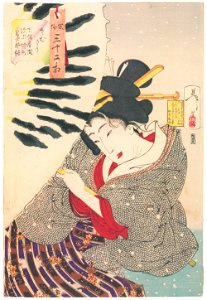 Tsukioka Yoshitoshi – Looks Cold’, Mannerisms of a Fukagawa Nakamachi Geisha from the Tenpo Period [from Thirty-two Aspects of Women]. Free illustration for personal and commercial use.