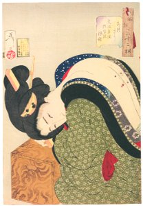 Tsukioka Yoshitoshi – Looks Hot’, Mannerisms of a Housewife from the Bunka Period [from Thirty-two Aspects of Women]. Free illustration for personal and commercial use.