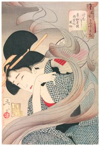 Tsukioka Yoshitoshi – Looks Smoky’, Mannerisms of a Housewife from the Kyowa Period [from Thirty-two Aspects of Women]. Free illustration for personal and commercial use.