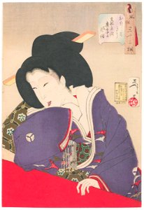 Tsukioka Yoshitoshi – Looks Amused’, Mannerisms of a Lady-in-Waiting from the Bunsei Period [from Thirty-two Aspects of Women]. Free illustration for personal and commercial use.