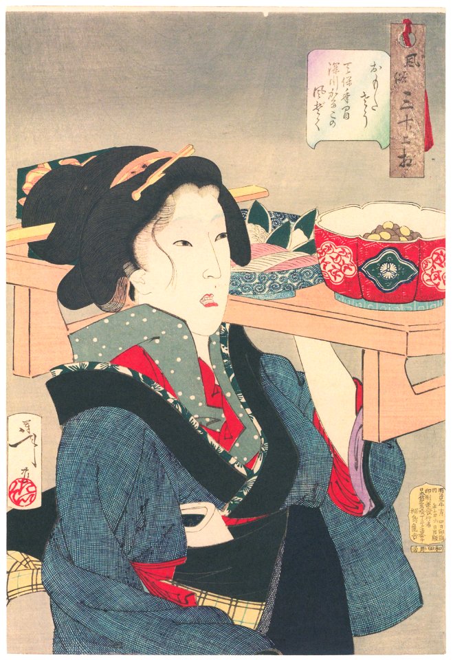 Tsukioka Yoshitoshi – Looks Heavy’, Mannerisms of a Fukugawa Waitress from the Tenpo Period [from Thirty-two Aspects of Women]
