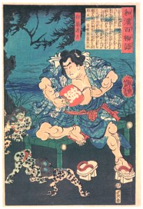 Tsukioka Yoshitoshi – Shirafuji Genta With a Kappa [from One Hundred Ghost Stories of China and Japan]. Free illustration for personal and commercial use.