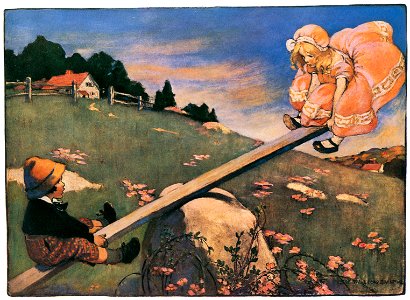 Jessie Willcox Smith – Seesaw Margery Daw [from Mother Goose]. Free illustration for personal and commercial use.