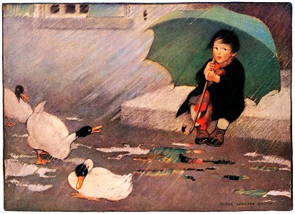 Jessie Willcox Smith – Rain rain go away [from Mother Goose]. Free illustration for personal and commercial use.