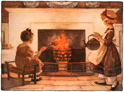 Jessie Willcox Smith – Polly put the kettle on, Polly put the kettle on [from Mother Goose]. Free illustration for personal and commercial use.