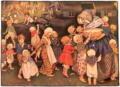 Jessie Willcox Smith – There was an old woman who lived in a shoe [from Mother Goose]. Free illustration for personal and commercial use.