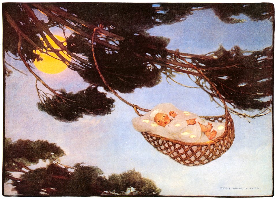 Jessie Willcox Smith – Hush-a-bye, baby, On the tree top [from Mother Goose]. Free illustration for personal and commercial use.