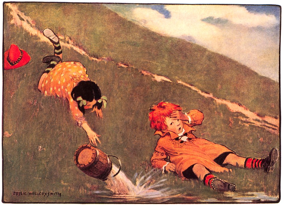 Jessie Willcox Smith – Jack fell down and broke his crown [from Mother Goose]. Free illustration for personal and commercial use.