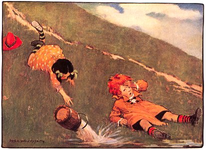 Jessie Willcox Smith – Jack fell down and broke his crown [from Mother Goose]. Free illustration for personal and commercial use.