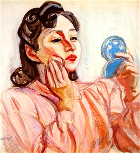 Yasui Sōtarō – Woman Applying Make-up [from Sōtarō Yasui: the 100th anniversary of his birth]. Free illustration for personal and commercial use.