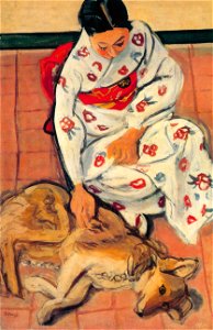 Yasui Sōtarō – Woman and Dog [from Sōtarō Yasui: the 100th anniversary of his birth]. Free illustration for personal and commercial use.