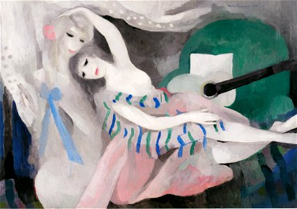 Marie Laurencin – Two Young Girls with a Guitar [from Marie Laurencin and her Era: Artists attracted to Paris]. Free illustration for personal and commercial use.