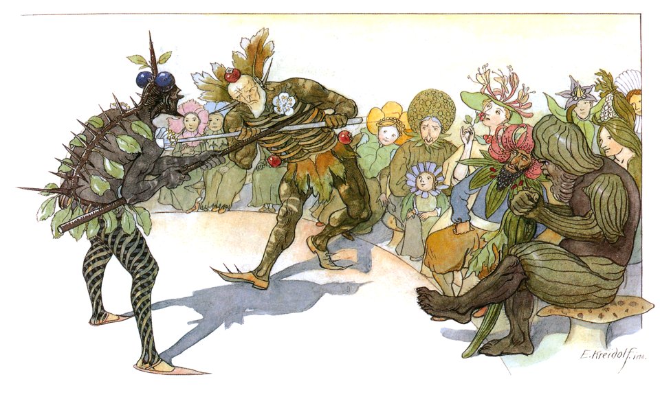 Ernst Kreidolf – Fighting Game [from Flower Fairy Tale]