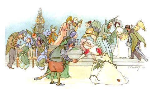 Ernst Kreidolf – Reception for the Wedding Guests [from Flower Fairy Tale]. Free illustration for personal and commercial use.
