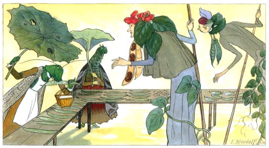 Ernst Kreidolf – Vegetable Market [from Flower Fairy Tale]. Free illustration for personal and commercial use.