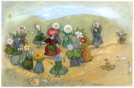 Ernst Kreidolf – Ring around the Rosie [from Flower Fairy Tale]. Free illustration for personal and commercial use.