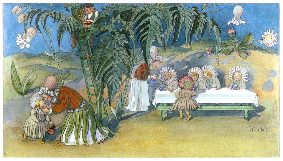 Ernst Kreidolf – Daisies’ Tea Party [from Flower Fairy Tale]. Free illustration for personal and commercial use.