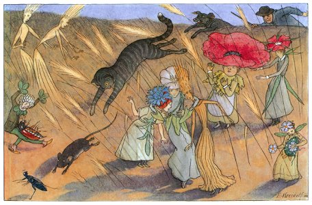 Ernst Kreidolf – A wild Chase [from Flower Fairy Tale]. Free illustration for personal and commercial use.