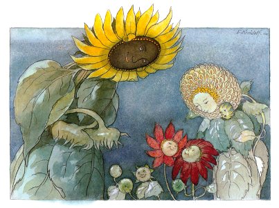 Ernst Kreidolf – Sunflower and Dahlia [from Flower Fairy Tale]. Free illustration for personal and commercial use.