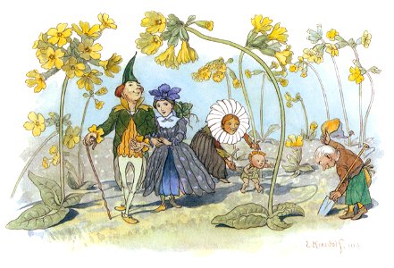 Ernst Kreidolf – Primrose Garden [from Flower Fairy Tale]. Free illustration for personal and commercial use.