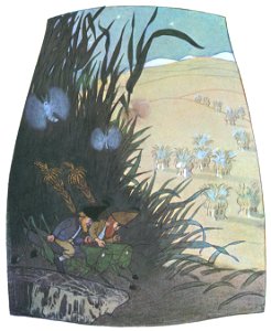 Ernst Kreidolf – Two Meadow Dwarfs riding in the Moonlight [from Meadow Dwarfs]. Free illustration for personal and commercial use.