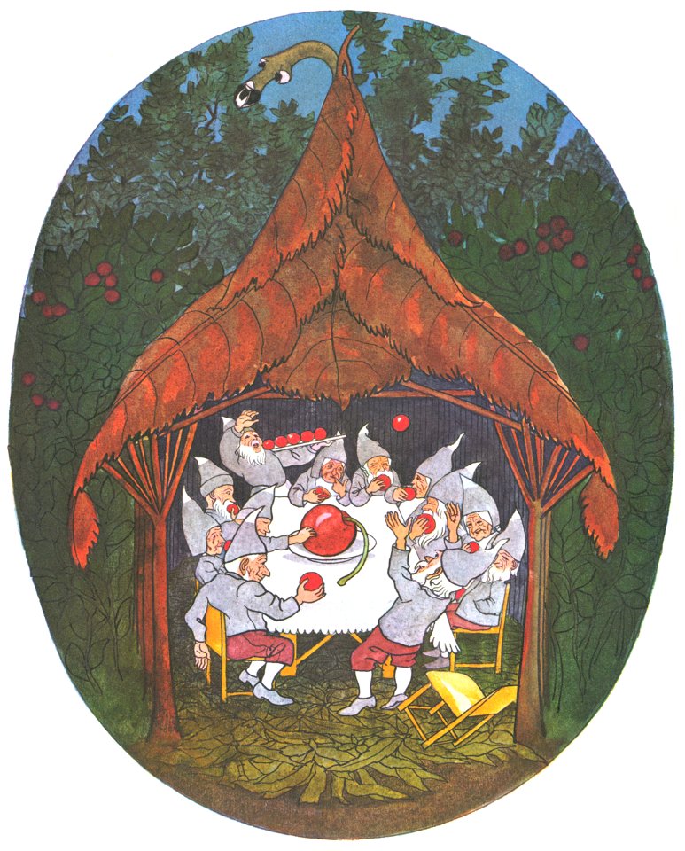 Ernst Kreidolf – The Meadow Dwarfs eat Cowberries [from Meadow Dwarfs]. Free illustration for personal and commercial use.