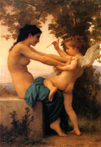 William Adolphe Bouguereau – Young Girl Defending Herself against Eros [from Bouguereau]. Free illustration for personal and commercial use.