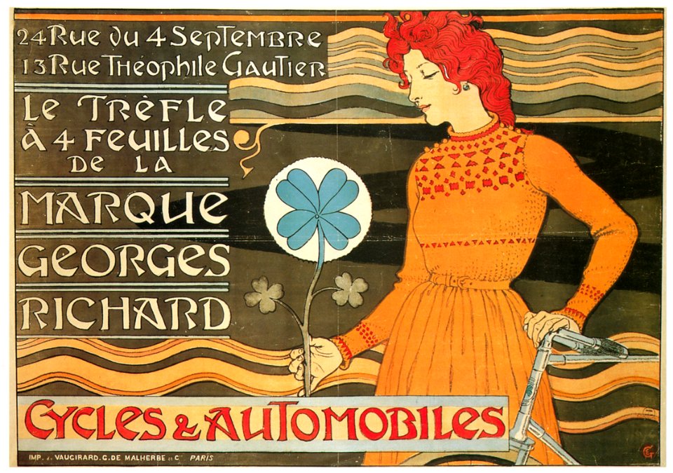 Eugène Grasset – Le Trèfle à 4 feuilles de la Marque Georges Richard. Cycles et automobiles. [from Catalogue de l’Exhibition Paris de la Belle Epoque 1982]. Free illustration for personal and commercial use.