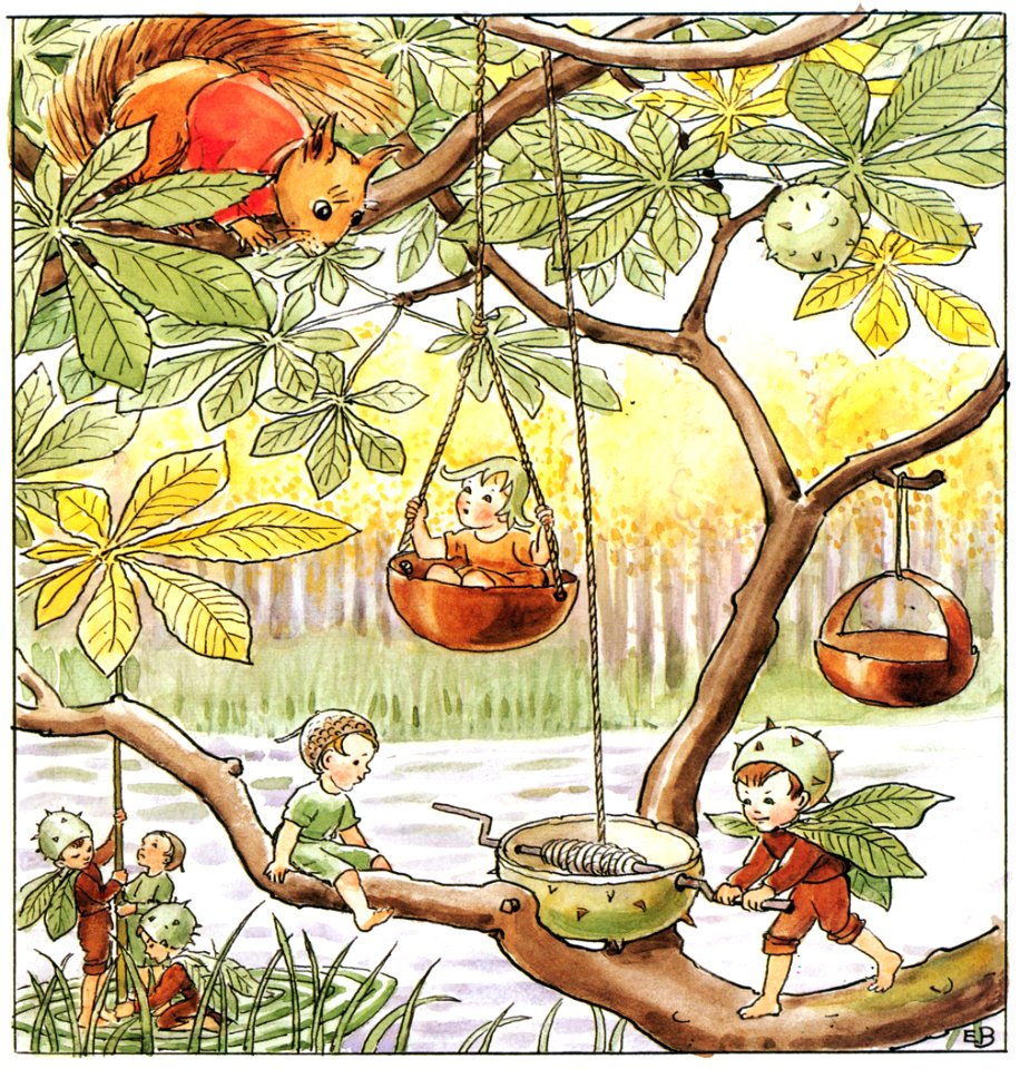 Elsa Beskow – Plate 12 [from Woody, Hazel and Little Pip]. Free illustration for personal and commercial use.