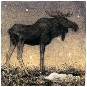John Bauer – Leap the Elk and Little Princess Cottongrass 2 [from Swedish Folk Tales]. Free illustration for personal and commercial use.