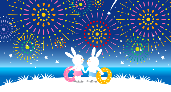 Fireworks rabbits couple. Free illustration for personal and commercial use.