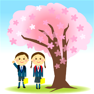 Schoolchildren cherry blossoms. Free illustration for personal and commercial use.