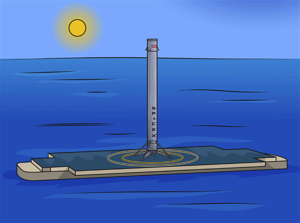 Falcon rocket on ocean landing platform. Free illustration for personal and commercial use.