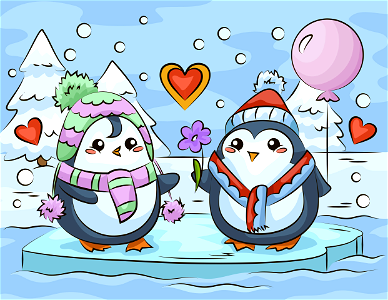 Penguins in winter. Free illustration for personal and commercial use.