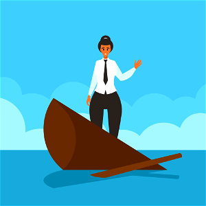 Business woman standing in sinking boat. Free illustration for personal and commercial use.
