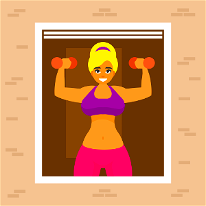 Girl with dumbbells in window. Free illustration for personal and commercial use.