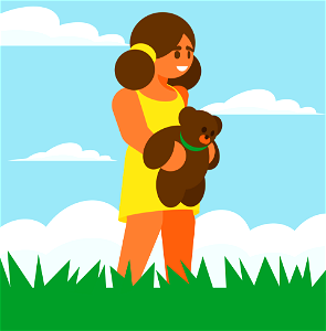Little girl with toy on grass. Free illustration for personal and commercial use.