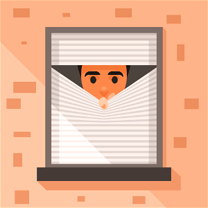 Man looking through blinds. Free illustration for personal and commercial use.