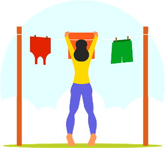 Woman hangs up washed laundry. Free illustration for personal and commercial use.