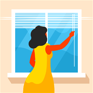 Woman opens the blinds. Free illustration for personal and commercial use.