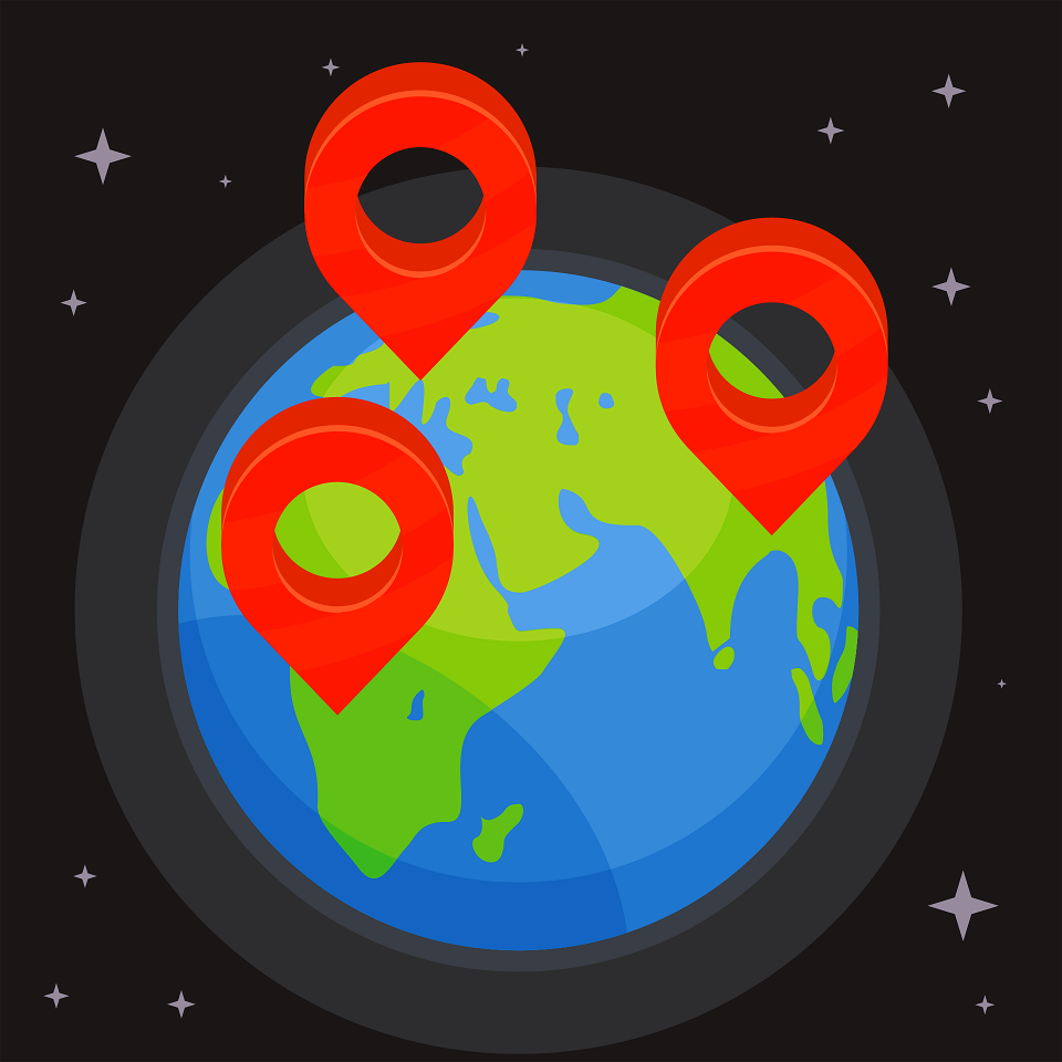 World globe location pins. Free illustration for personal and commercial use.