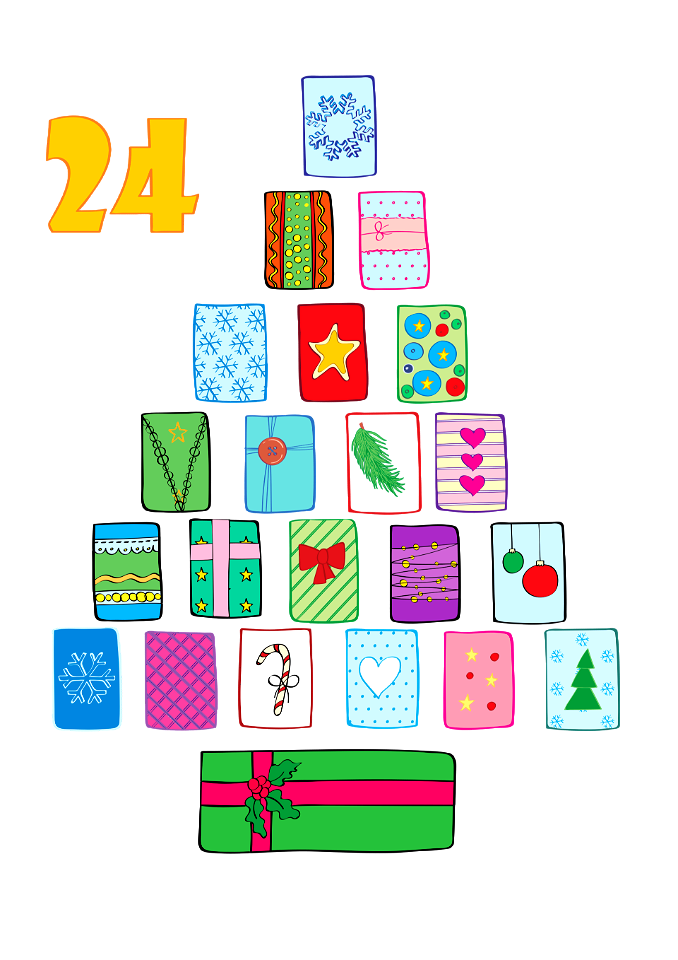 December 24 with Christmas Tree Made of Presents. Free illustration for personal and commercial use.