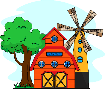 Banrhouse and Windmill. Free illustration for personal and commercial use.