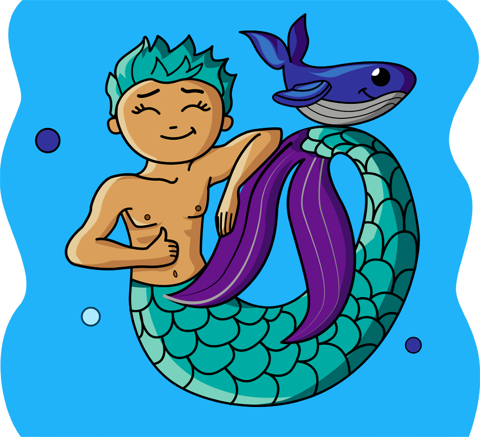 Boy Mermaid with Whale. Free illustration for personal and commercial use.