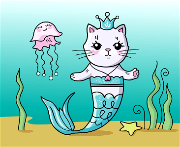 Mermaid Kitty with Jellyfish. Free illustration for personal and commercial use.