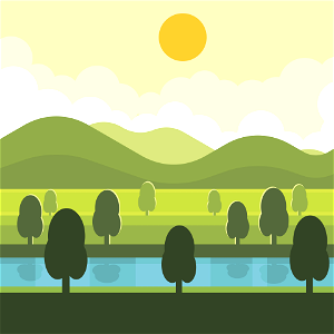 Mountain river sun landscape. Free illustration for personal and commercial use.