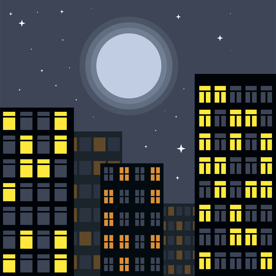 Night cityscape skyscrapers moon. Free illustration for personal and commercial use.