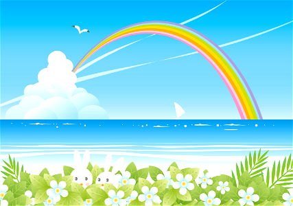 Rabbits under rainbow. Free illustration for personal and commercial use.